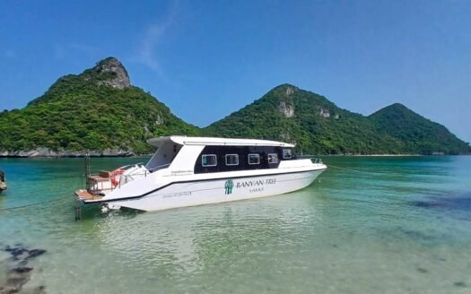 Banyan Tree Samui’s new speedboat, Sense of the Sea, in repose at Mu Ko Ang Thong National Marine Park.